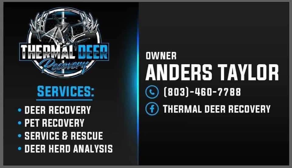 Thermal Deer Recovery business card with owner Anders Taylor, phone (803) 460-7788, and recovery services