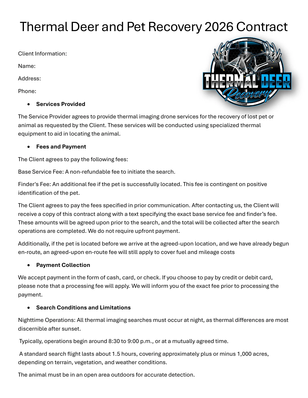 Thermal Deer and Pet Recovery 2026 contract page 1